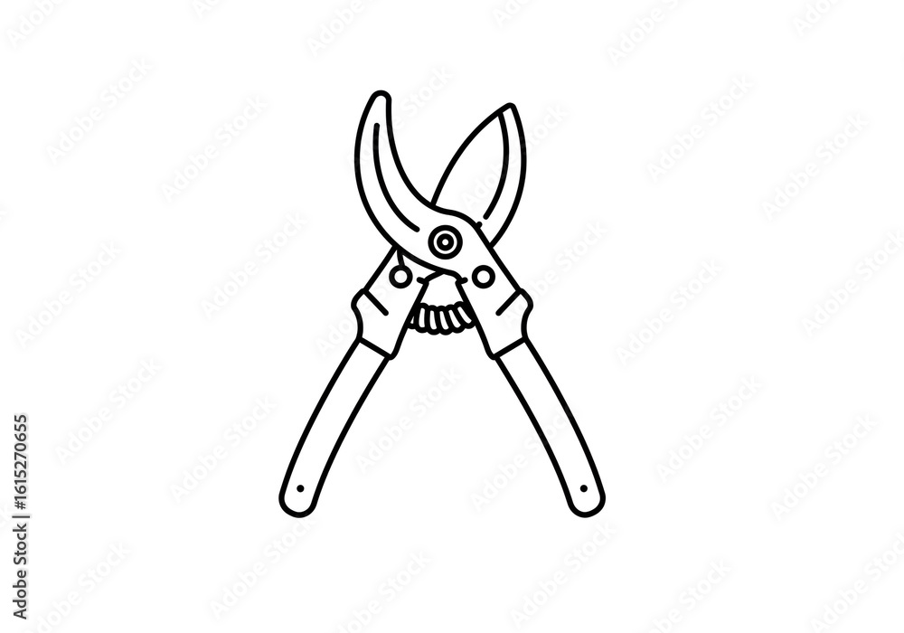 Aufkleber A line drawing of open pruning shears with curved blades and a spring mechanism on white background