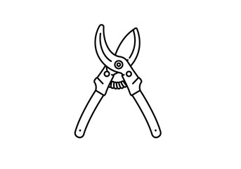 A line drawing of open pruning shears with curved blades and a spring mechanism on white background