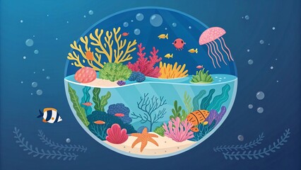 Underwater Ocean Scene with Tropical Fish and Coral Reef - Marine Life Aquarium Illustration