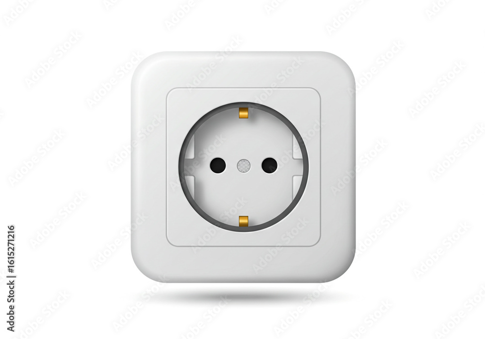 Poster a close up of a white europlug socket on a white background with a slight shadow effect