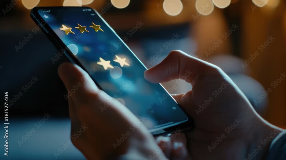 Poster a person holds up their phone displaying 5-star ratings, ideal for use in tech-related contexts or s