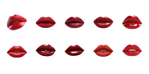 Red Lipstick Shades Collection. Beauty And Makeup Inspiration Set Isolated On Transparent Background