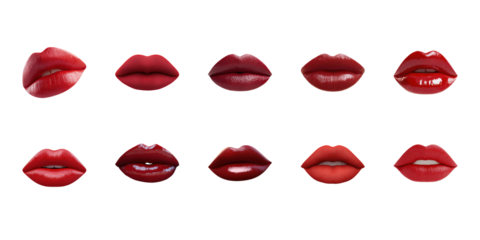 Red Lipstick Shades Collection. Beauty And Makeup Inspiration Set Isolated On Transparent Background