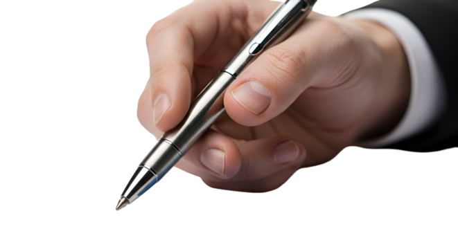 Close-up of a hand holding a silver pen, ready to write.