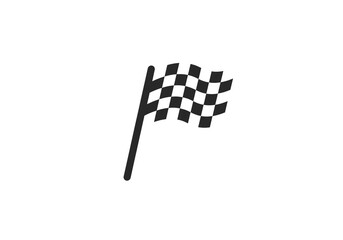 A simple black and white illustration of a checkered flag waving on a white background scene