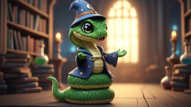 Cute Cartoon Wizard Snake in a Library with Magic, Sparkles and a Wizard Hat