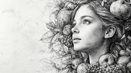 Beautiful pencil drawing of young woman profile adorned with fruits and foliage symbolizing abundance harvest nature classical art serenity and intricate artistic detail