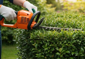 Using electric hedge trimmer for trimming bushes in garden