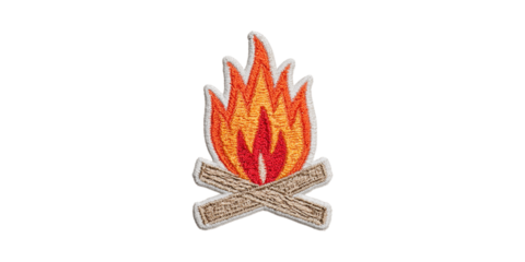 Embroidered Campfire Patch. Symbol Of Outdoor Adventure And Camping Spirit Isolated On Transparent Background