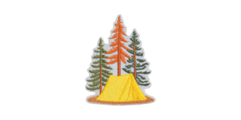 Embroidered Camping Patch With Tent And Pine Trees. Outdoor Adventure And Nature Exploration Symbol Isolated On Transparent Background