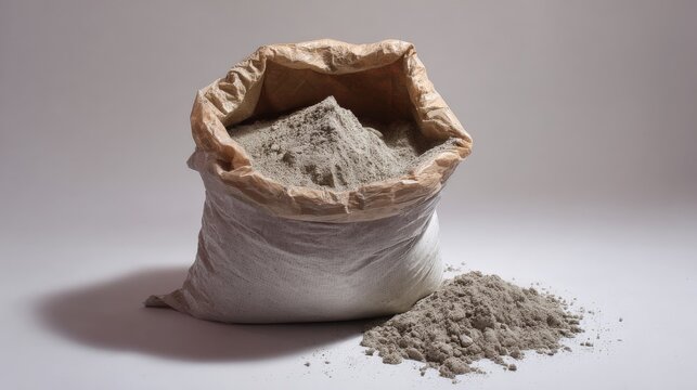 Open bag of cement with pile of gray powder on white background