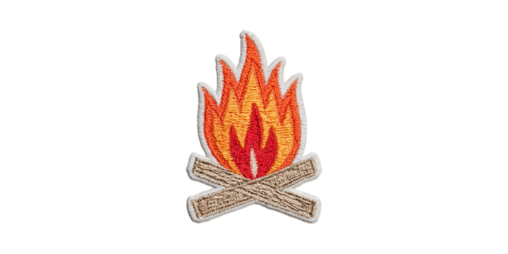 Embroidered Campfire Patch. Symbol Of Outdoor Adventure And Camping Spirit Isolated On Transparent Background