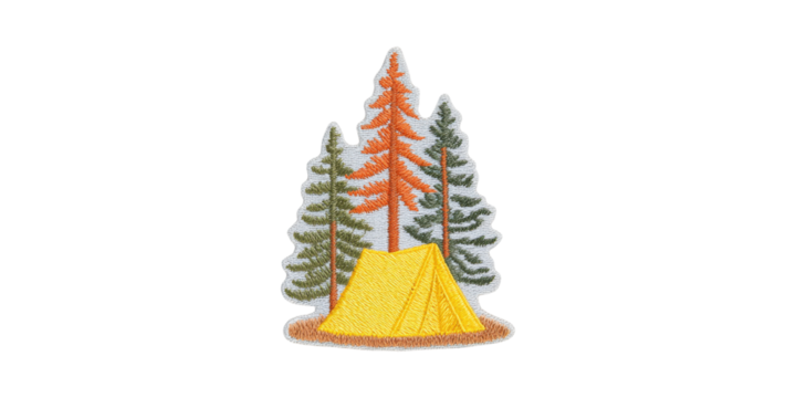 Embroidered Camping Patch With Tent And Pine Trees. Outdoor Adventure And Nature Exploration Symbol Isolated On Transparent Background - Powered by Adobe