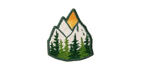Embroidered Mountain Patch With Forest And Sunrise Design. Outdoor Adventure And Nature Symbolism Isolated On Transparent Background