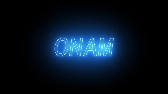 flickering neon onam text animated on black background. neon onam text animation. 4k