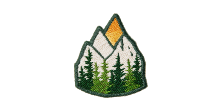 Embroidered Mountain Patch With Forest And Sunrise Design. Outdoor Adventure And Nature Symbolism Isolated On Transparent Background - Powered by Adobe