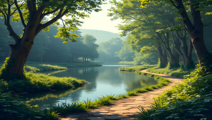 Fototapeta premium Serene nature trail with tranquil ponds