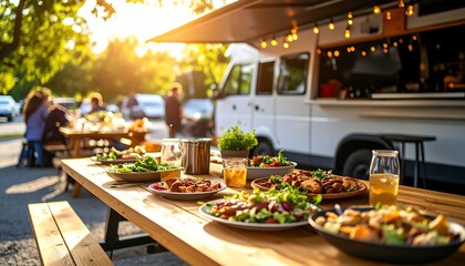 Outdoor dining, food truck, sunny picnic