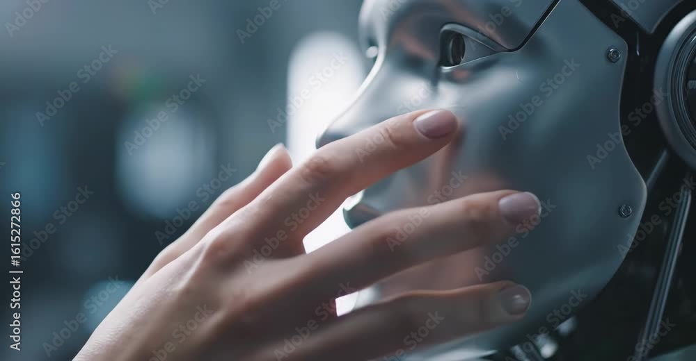 Poster intimate moment of human touching advanced ai robot face exploring future of technology and human co