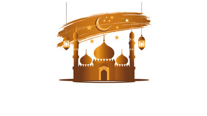 This elegant vector illustration features a majestic golden mosque silhouette, complete with multiple domes and minarets, set against a pristine white background