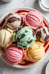 Vibrant scoops of ice cream in assorted colors and flavors, neatly arranged on a plate from an overhead perspective.