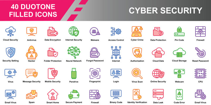 Cyber Security Icons &ndash; 40 Duotone Filled Style Technology and Digital Protection Icons for Secure Network Systems