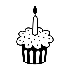 Birthday cupcake clipart. Cute festive object in black and white color. Vector illustration 