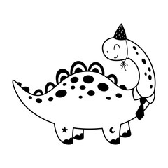 Cute Dinosaur Birthday boy clipart. Black and white cartoon festive character doodle. Vector illustration.