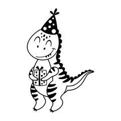 Birthday dinosaur with gift box and birthday hat. Black and white cartoon festive character doodle. Vector illustration.