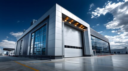 Modern Warehouse Facility with Large Closed Roller Door and Clean Forecourt perfect for logistics advertisements, industrial property brochures, supply chain visuals, and storage company branding