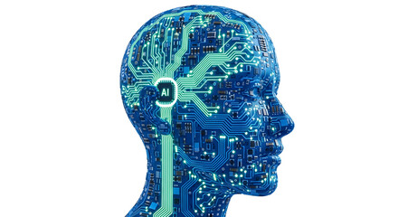 Profile of a digital human head with a glowing AI processor integrated into a circuit board brain, symbolizing the future of automated intelligence, and technological innovation on a white background.