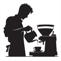 A vector silhouette of a skilled barista pouring steamed milk into a cup, preparing a fresh coffee beverage with an espresso machine.