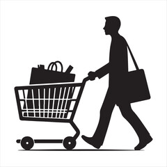 Vector silhouette of a male consumer walking and pushing a shopping cart full of purchased items on a white background.