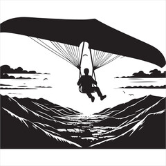 Black and white vector illustration of a person hang gliding over a mountain valley, a graphic concept for adventure sports, design 146.