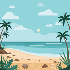 Tropical Beach Paradise Illustration with Palm Trees, Ocean Waves, and Sandy Shoreline