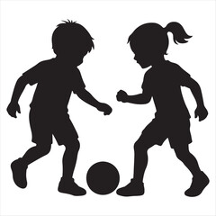 Silhouette of a boy and girl playing soccer together. Children's sports activity vector illustration on a white background.