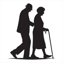 Vector illustration silhouette of a senior couple walking together, symbolizing aging, love, and lifelong companionship.