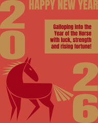 Stylized poster or greeting card with horse. Minimalist symbol of 2026 Chinese New Year celebration. Year of the horse. Vector illustration