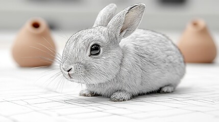 Adorable grey baby bunny sitting alert on textured white surface with blurred terracotta background symbolizing innocence springtime new life and the gentle charm of pet companionship