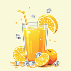 A refreshing glass of orange juice with ice cubes and fruit slices.