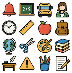 A vibrant collection of school icons showcases various elements associated with education in a colorful and appealing design. the school icons, including a blackboard, bus, and