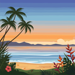 Tropical Beach Sunset Illustration with Palm Trees, Ocean, and Exotic Flora