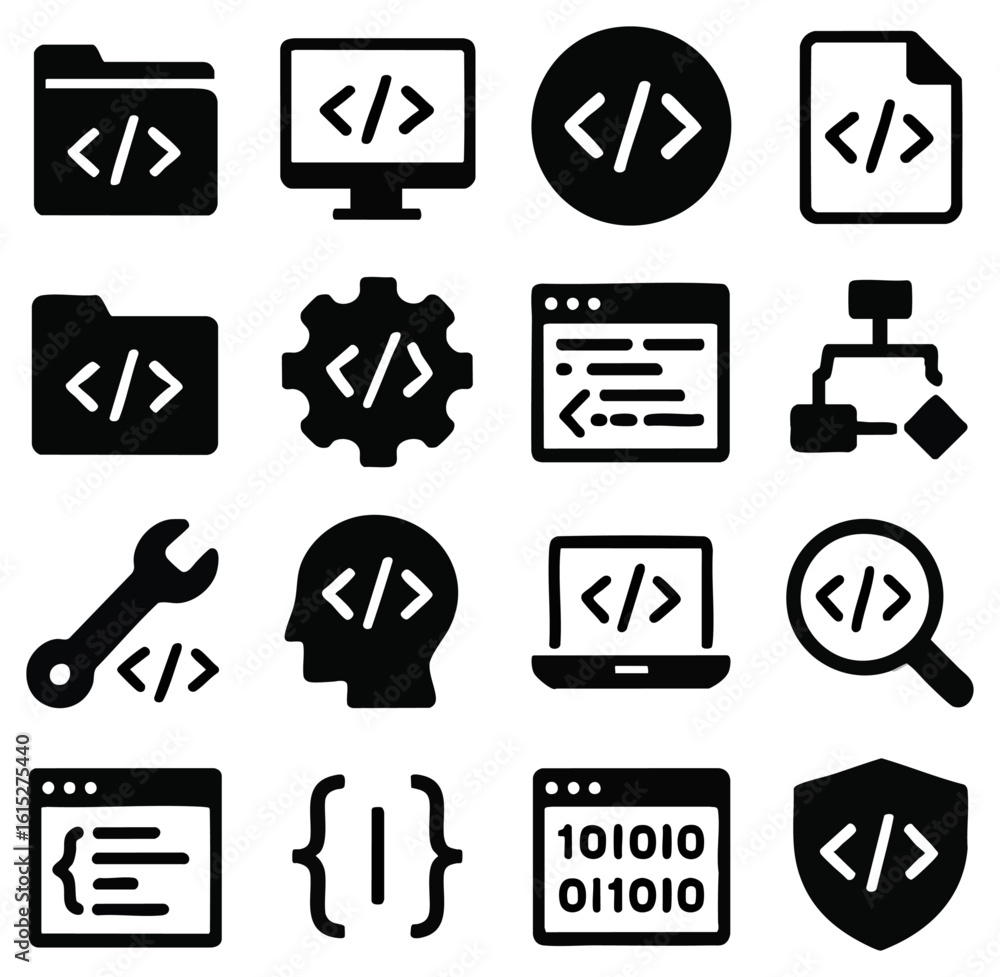 Poster A collection of black and white data transfer icons illustrating various aspects of information exchange, including code snippets, settings, and binary data, suitable for
