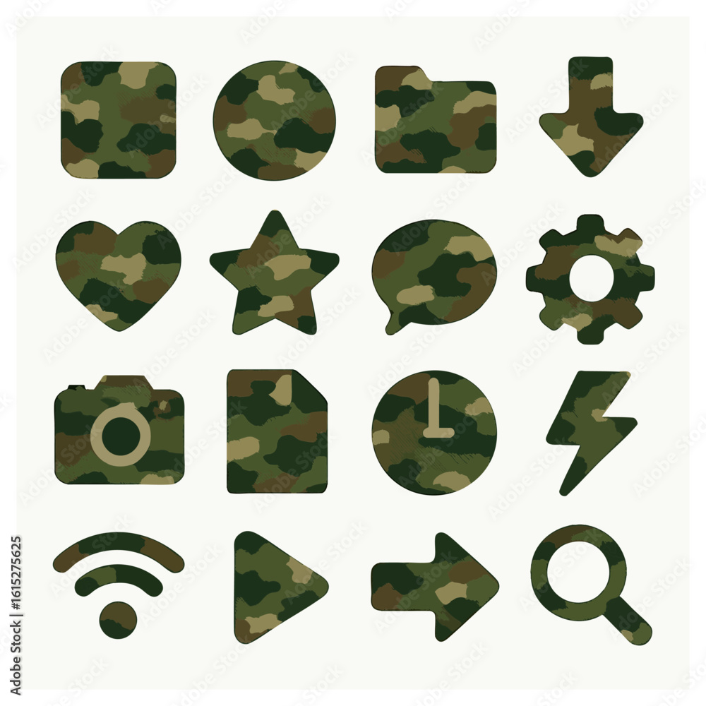 Poster a collection of camouflage icons. this image features a set of various icons, each designed with a c