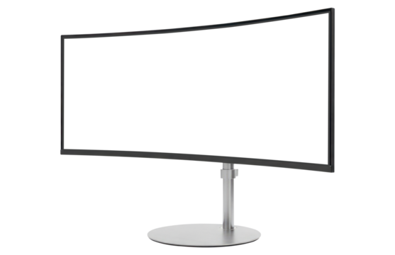 A Modern Curved Display on a Metal Stand, Cut Out, Clipping Path Isolated on a Transparent PNG Background.
