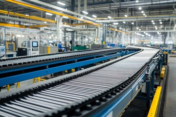 Fototapeta premium High-tech automated conveyor system inside modern industrial manufacturing facility