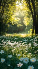 Walking Path Through Field of Daisies with Sunlight