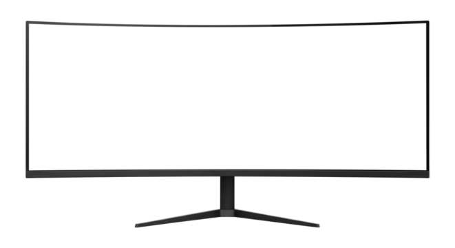 A Black Widescreen Display for a Professional Workstation, Cut Out, Clipping Path Isolated on a Transparent PNG Background.