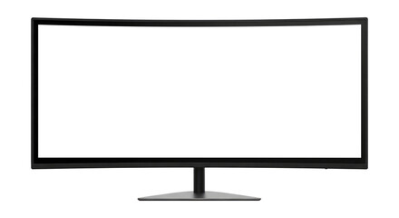 A Modern Curved Computer Monitor with a Blank Screen, Cut Out, Clipping Path Isolated on a Transparent PNG Background.