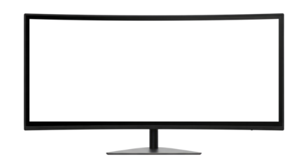 A Modern Curved Computer Monitor with a Blank Screen, Cut Out, Clipping Path Isolated on a Transparent PNG Background.
